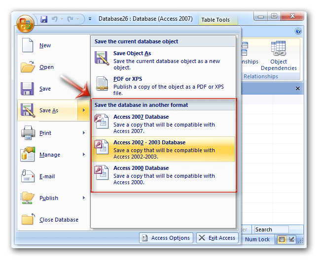 Save database as mdb files in Access 2007 Ribbon