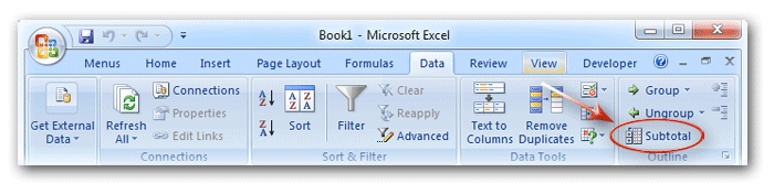 the Subtotal Button in Ribbon