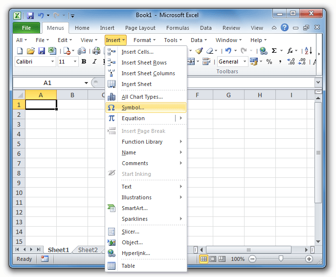 Figure 1: Microsoft Excel 2010 Insert Menu