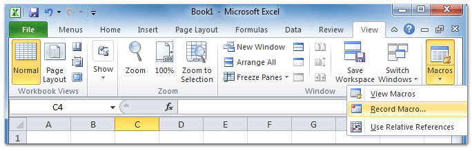 Figure 2: Record Macro in Excel 2010's Ribbon