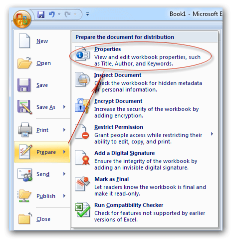 Document Properties in Excel 2007 Ribbon