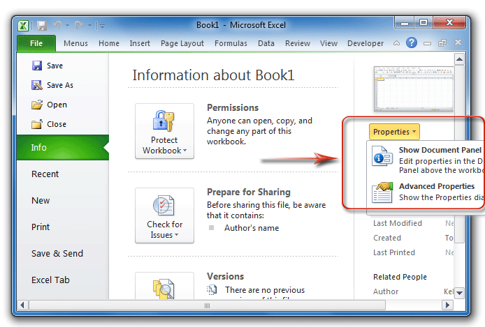 Document Properties in Excel 2010 backstage view