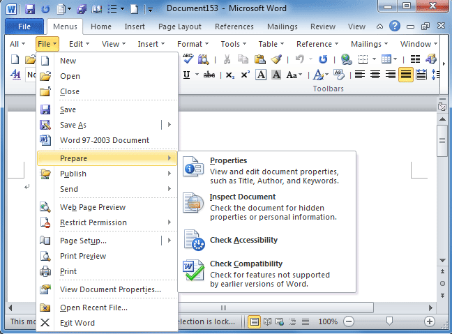 Figure: File Menu under Menus tab in Word 2010's Ribbon