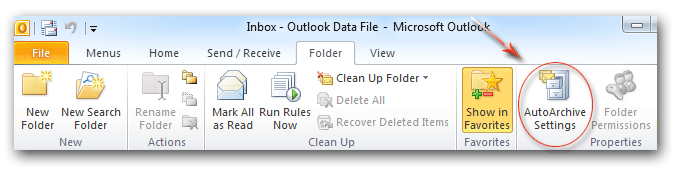 AutoArchive Settings in Ribbon