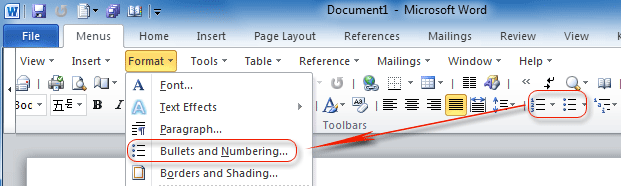 Figure 1: Bullets and Numbers in Word 2010