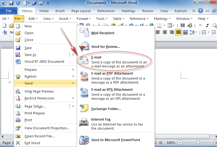 Figure 2: Email in Word 2010's File Menu