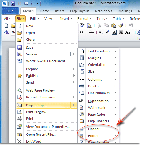 Figure 3: Header and Footer in Word 2010's File Menu