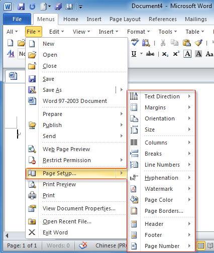 Figure 2: Page Setup in Word 2010's File Menu