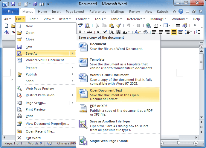 Figure 1: Save as options in Word 2010's File Menu