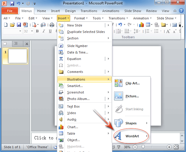 Where is WordArt: WordArt in PowerPoint 2010's Insert Menu