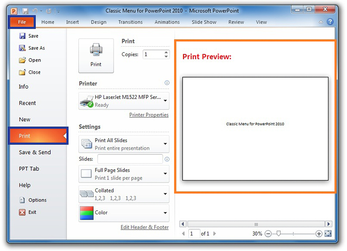 Backstage view of Printing in PowerPoint 2010