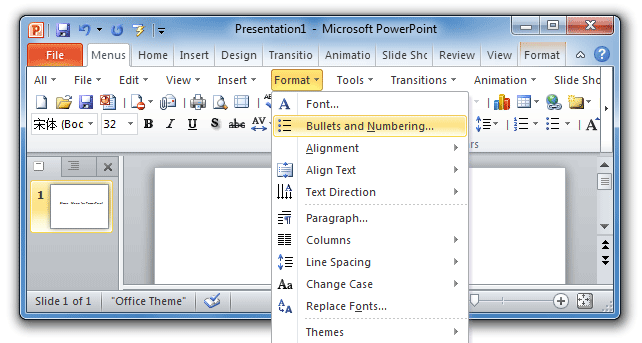 Figure 2:Bullets and Numbering in PowerPoint 2010 Menus