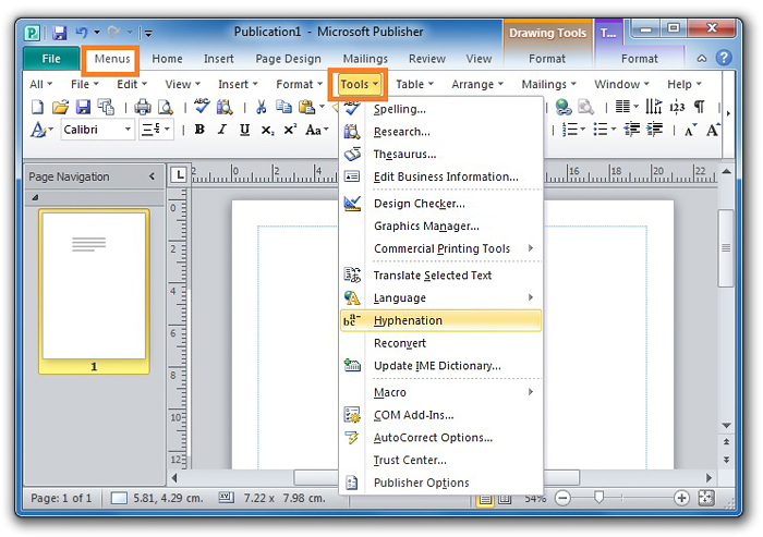 Tools Menu in Publisher 2010 with Classic Menu