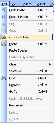 image of Edit drop down menu in Word 2003