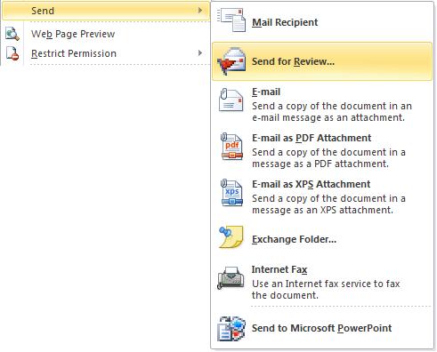 image aobut Send of File menu in Word 2010