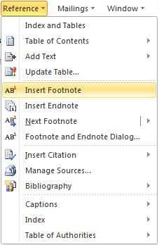 image of Reference menu in Word 2010