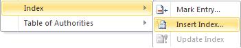 image about Index of Reference menu in Word 2010