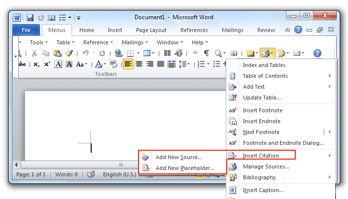 shot: Insert Citation in Word 2010/2007 Toolbars