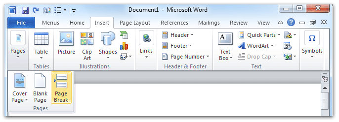 shot: Page Break button in Word 2007/2010's Insert Tab