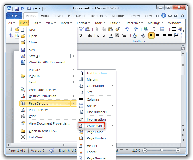 shot: Watermark command in Word 2007/2010 File Menu