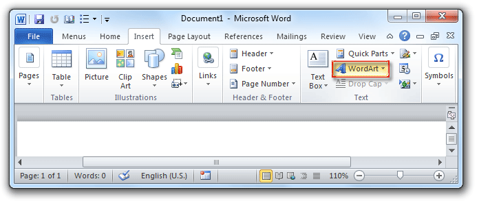 shot: WordArt button in Word 2007/2010 Insert Tab