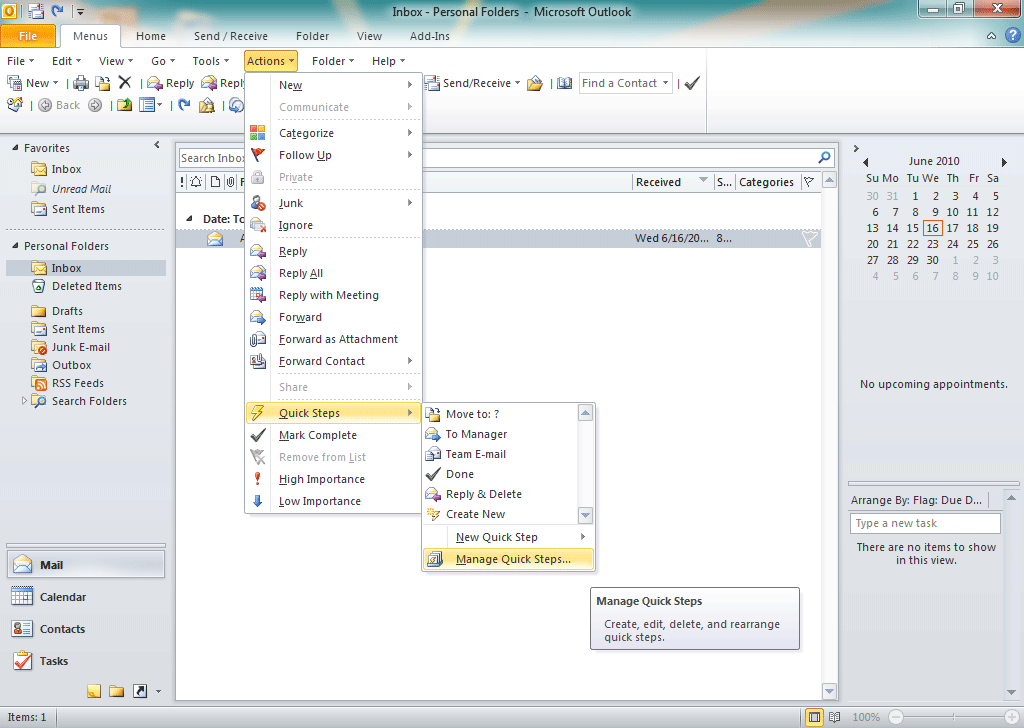 Screen Shot of Classic Menu for Outlook 2010