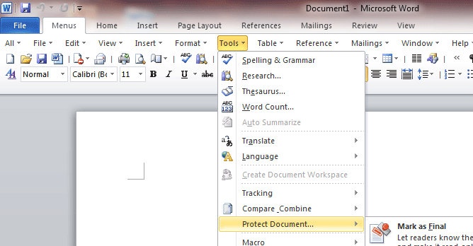 Screen Shot of Classic Menu for Word 2010